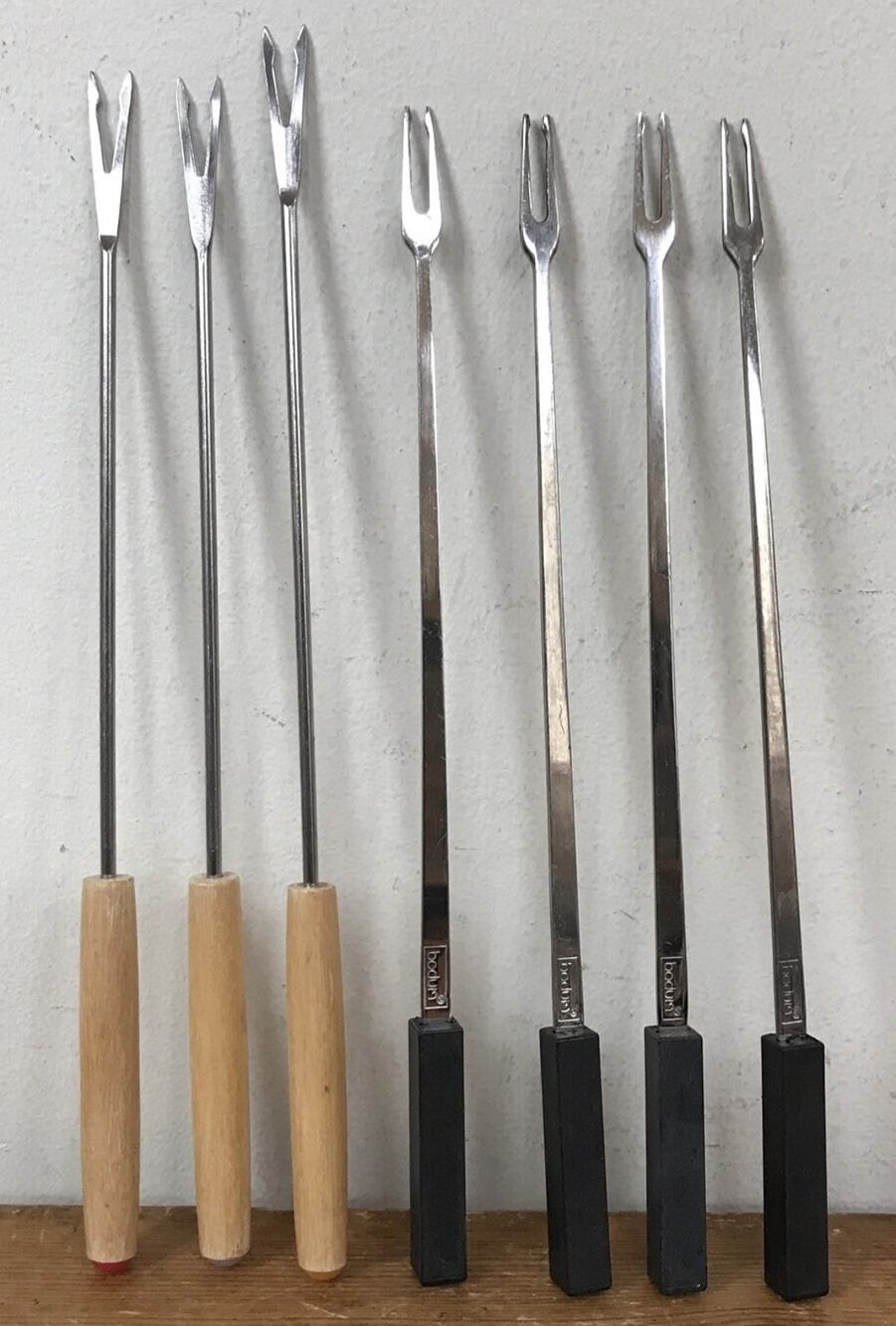 Set Lot 7 Bodum Vtg Style Wooden 2 Prong Fondue Cocktail Hor Dourves Meat Forks